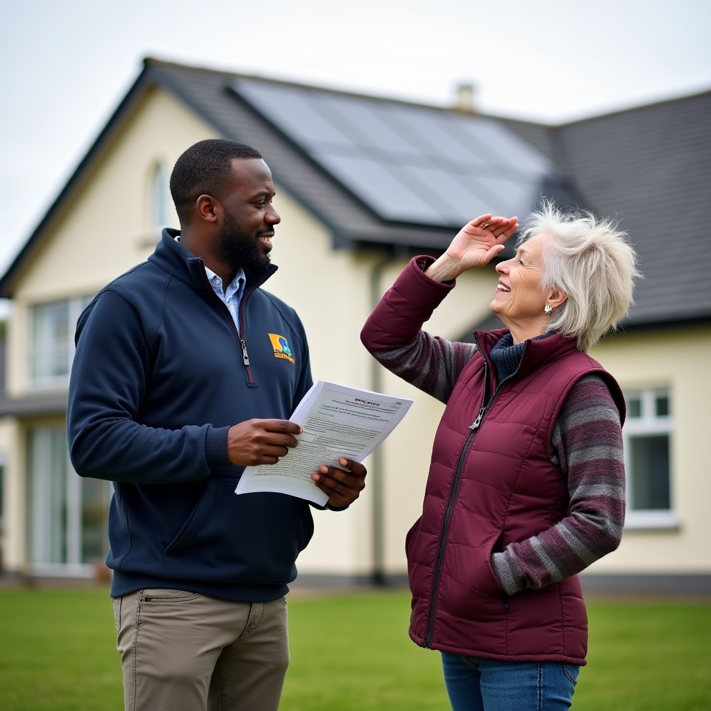Solar consultant discussing project options with community organisation representatives outdoors