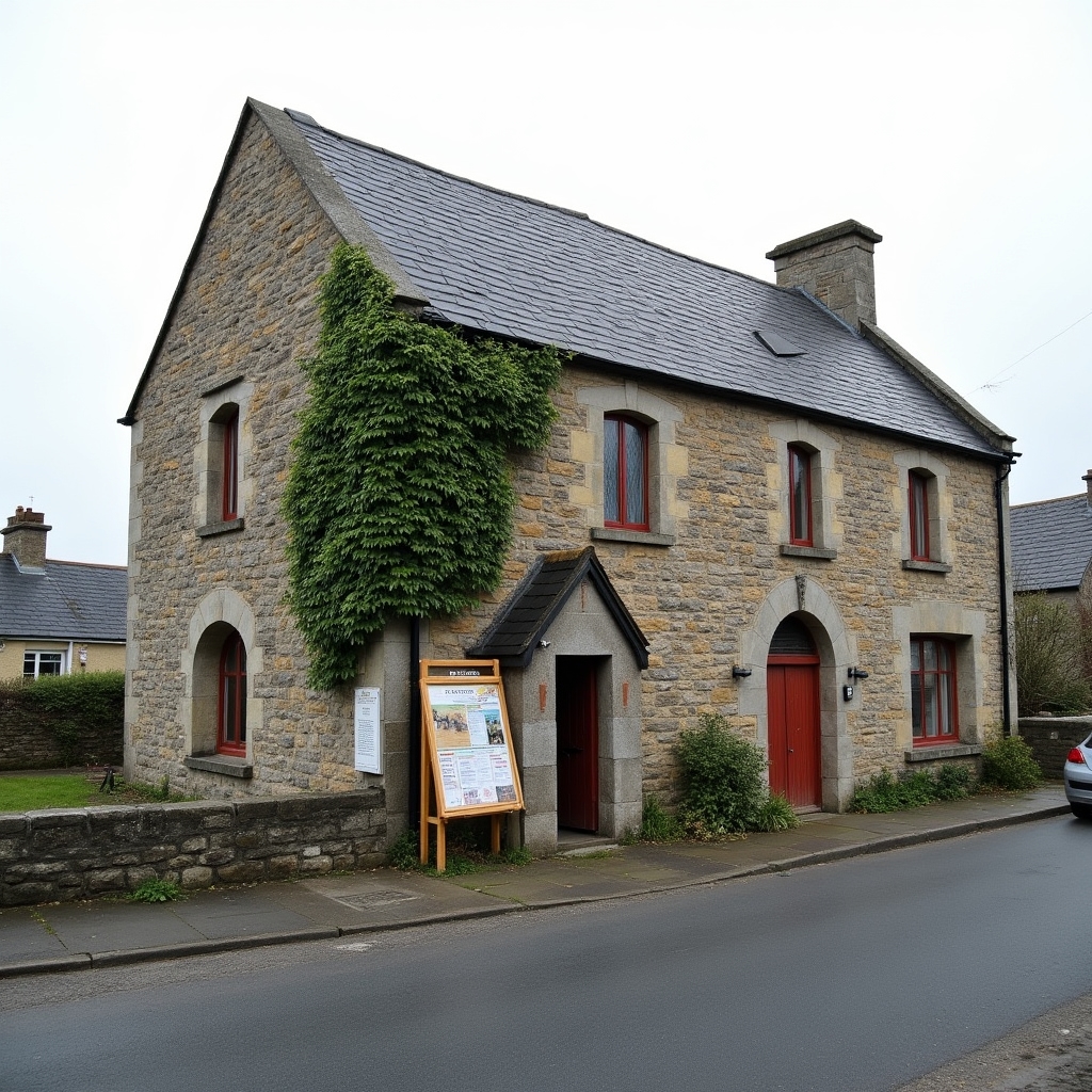 Traditional Irish parish hall with community notice board