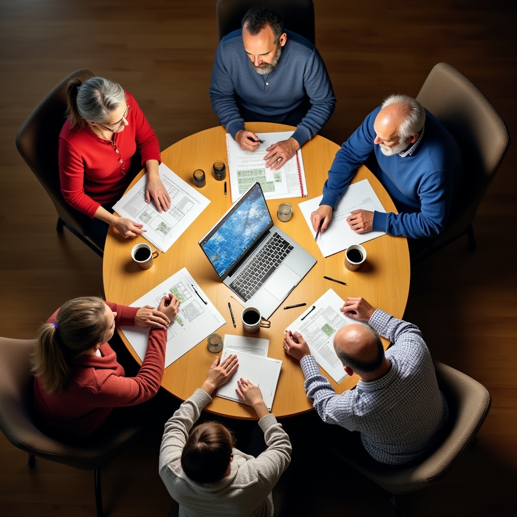 Community committee members reviewing solar project plans together at a table