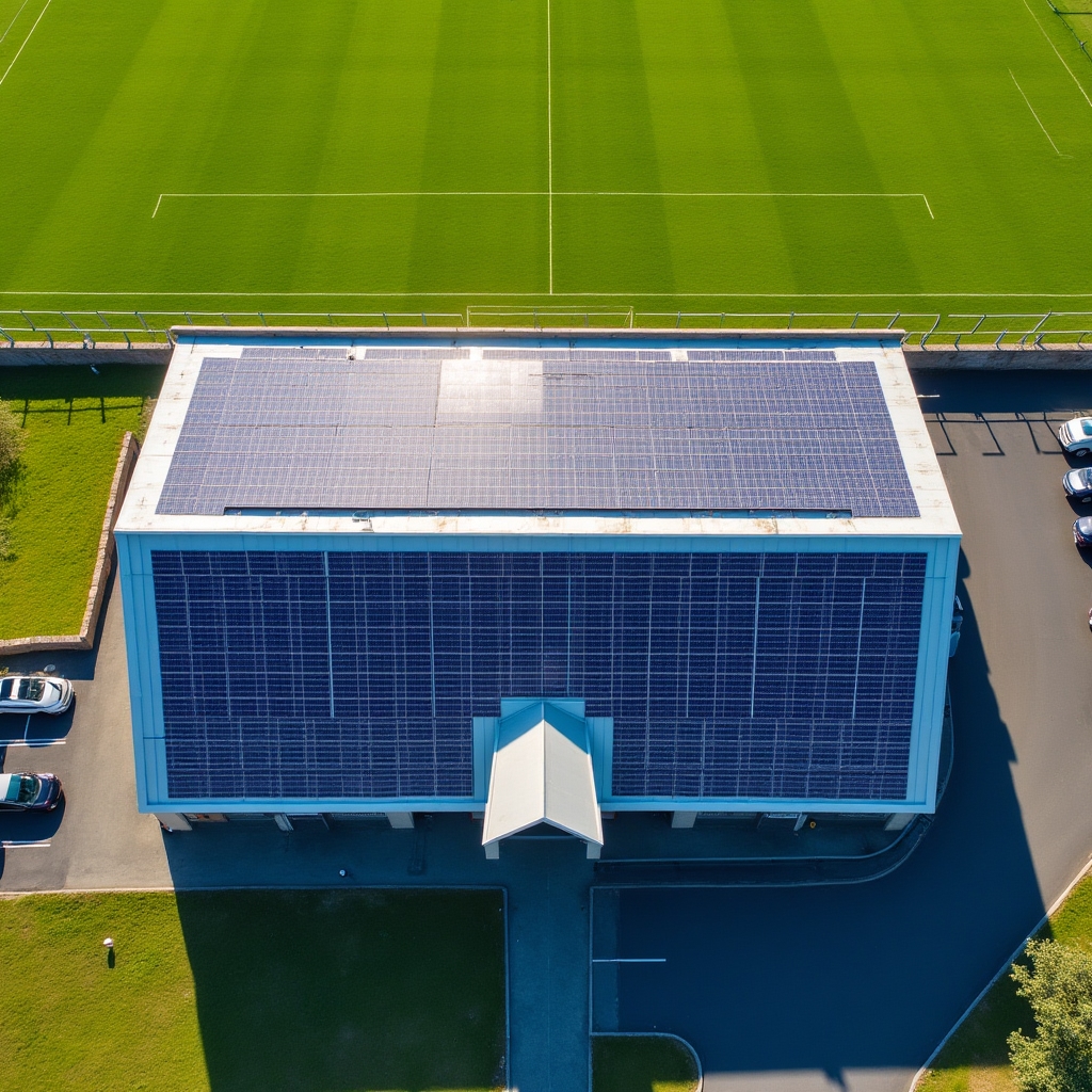 Aerial view of solar panels successfully installed on a community sports facility