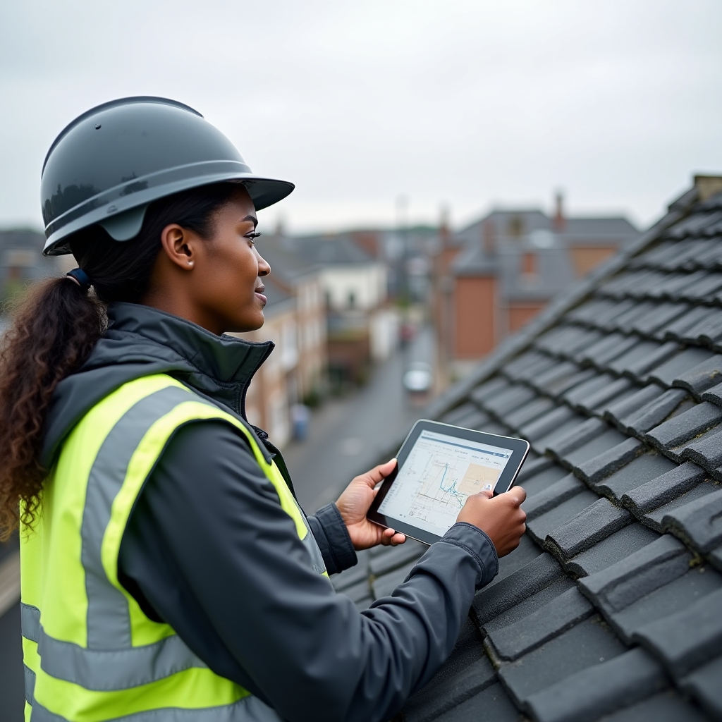 Solar consultant conducting technical assessment on a community building rooftop